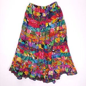 Phool Womens Cotton Tiered Maxi Skirt Multicolor Abstract Patchwork Boho
